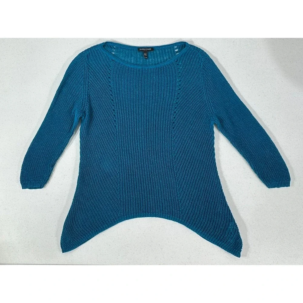 Eileen‎ Fisher Sweater Teal Organic Linen Open Knit Asymmetric Hem 3/4 Sleeve